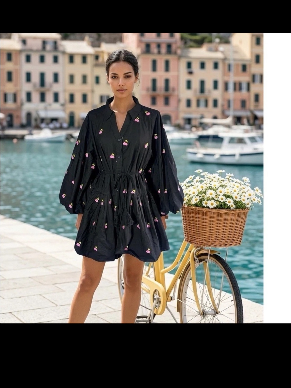 Avec Les Filles Black Long Sleeve Tunic Dress with Pink Cherry Embroidery